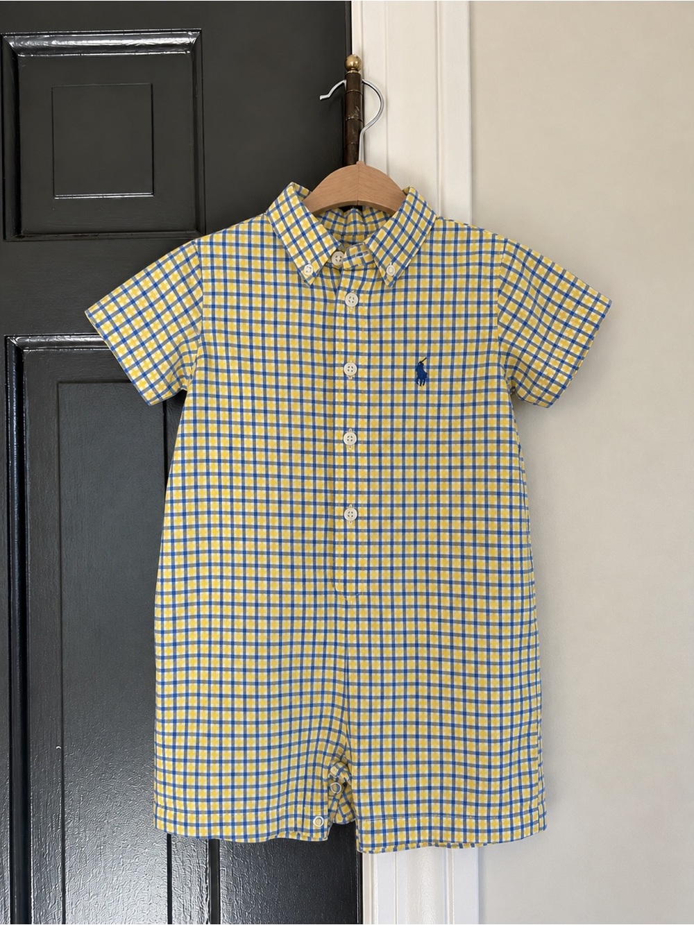 Ralph Lauren Baby Boy 12M Yellow Blue Plaid Cotton Shortall Romper